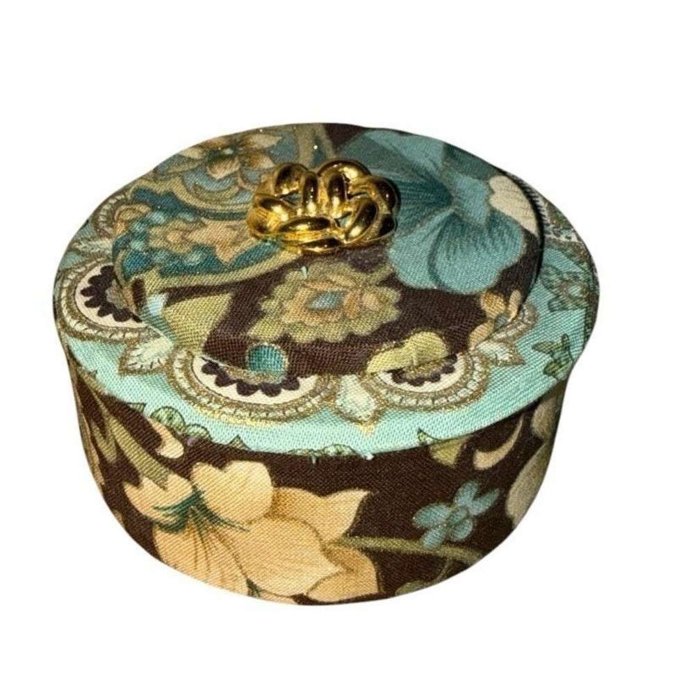 Vintage Round lined Trinket Box Embroidered Fabric Floral Blue Brown
